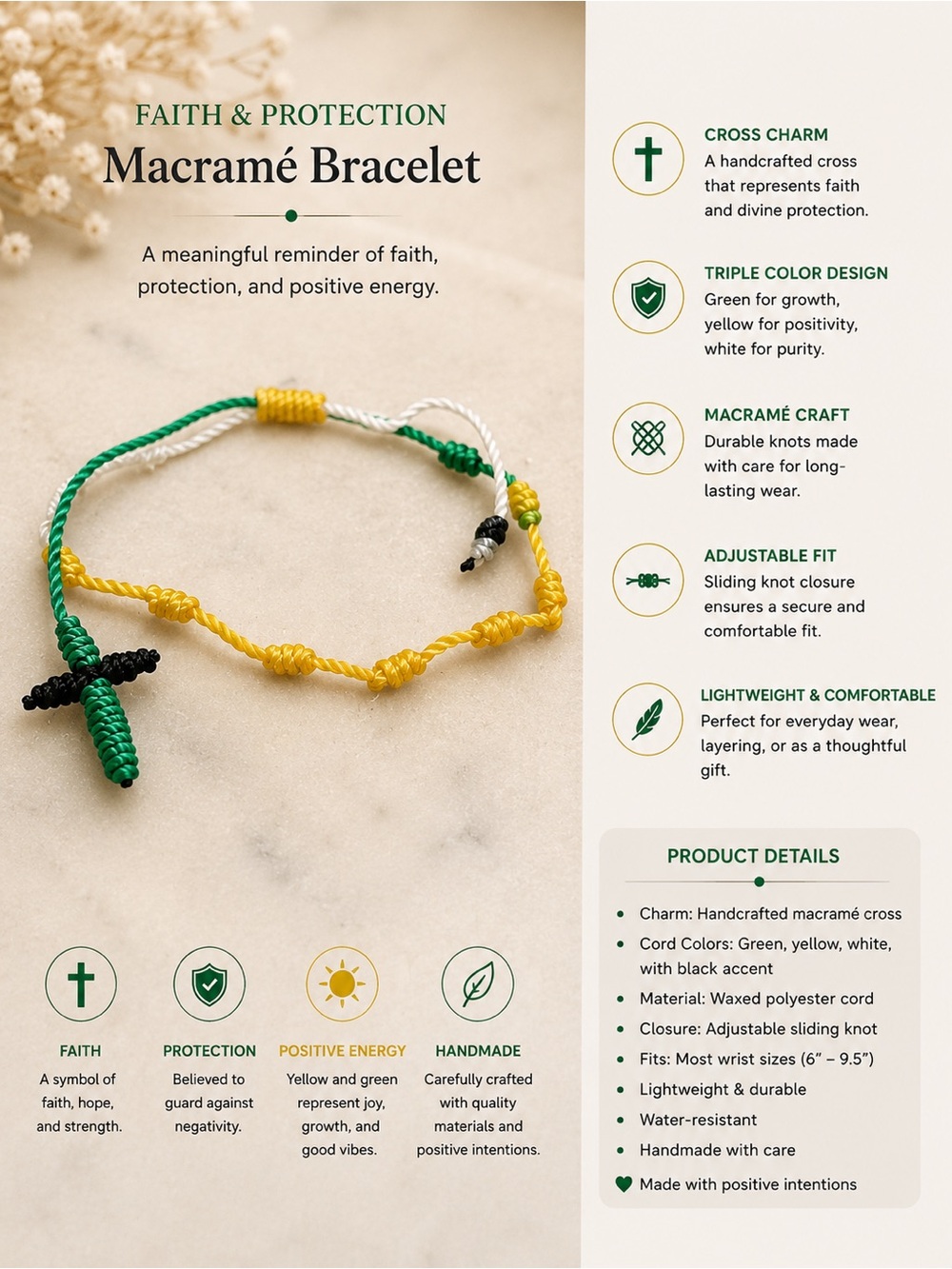 Macramé Faith & Protection Bracelet — Green, Yellow, White, Black